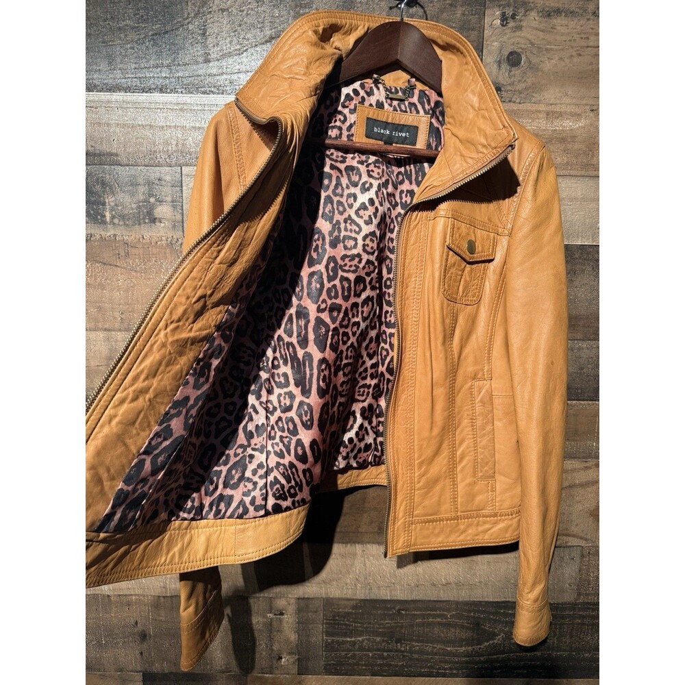 RARE-Black Rivet Wilson Leather Moto Jacket Y2K M Cognac Brown Genuine Biker - Picture 9 of 16